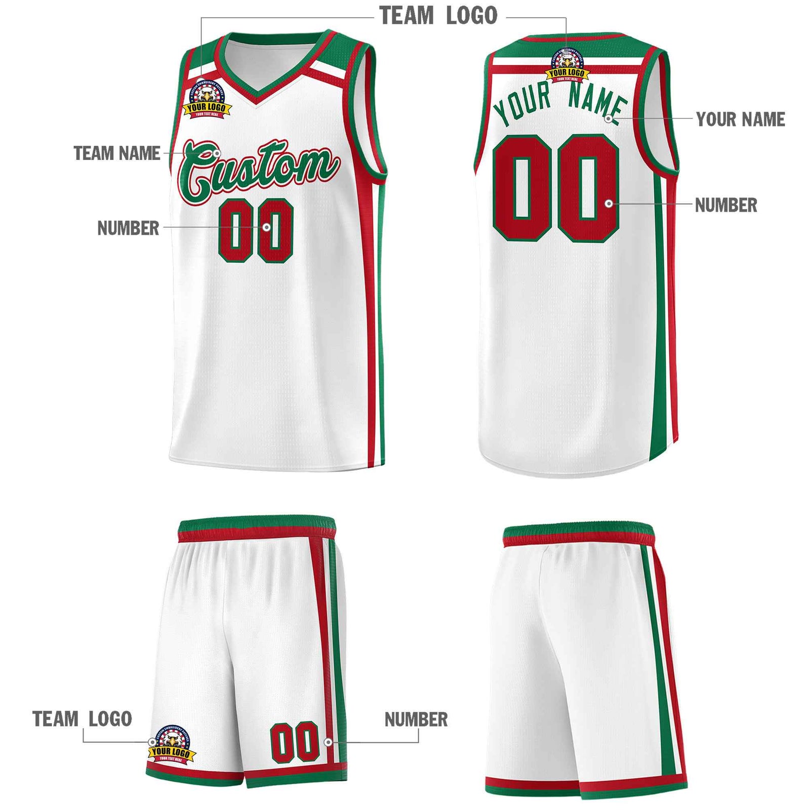 Custom White Kelly Green Red Trendy Color Charge Series Sports Uniform Basketball Jersey