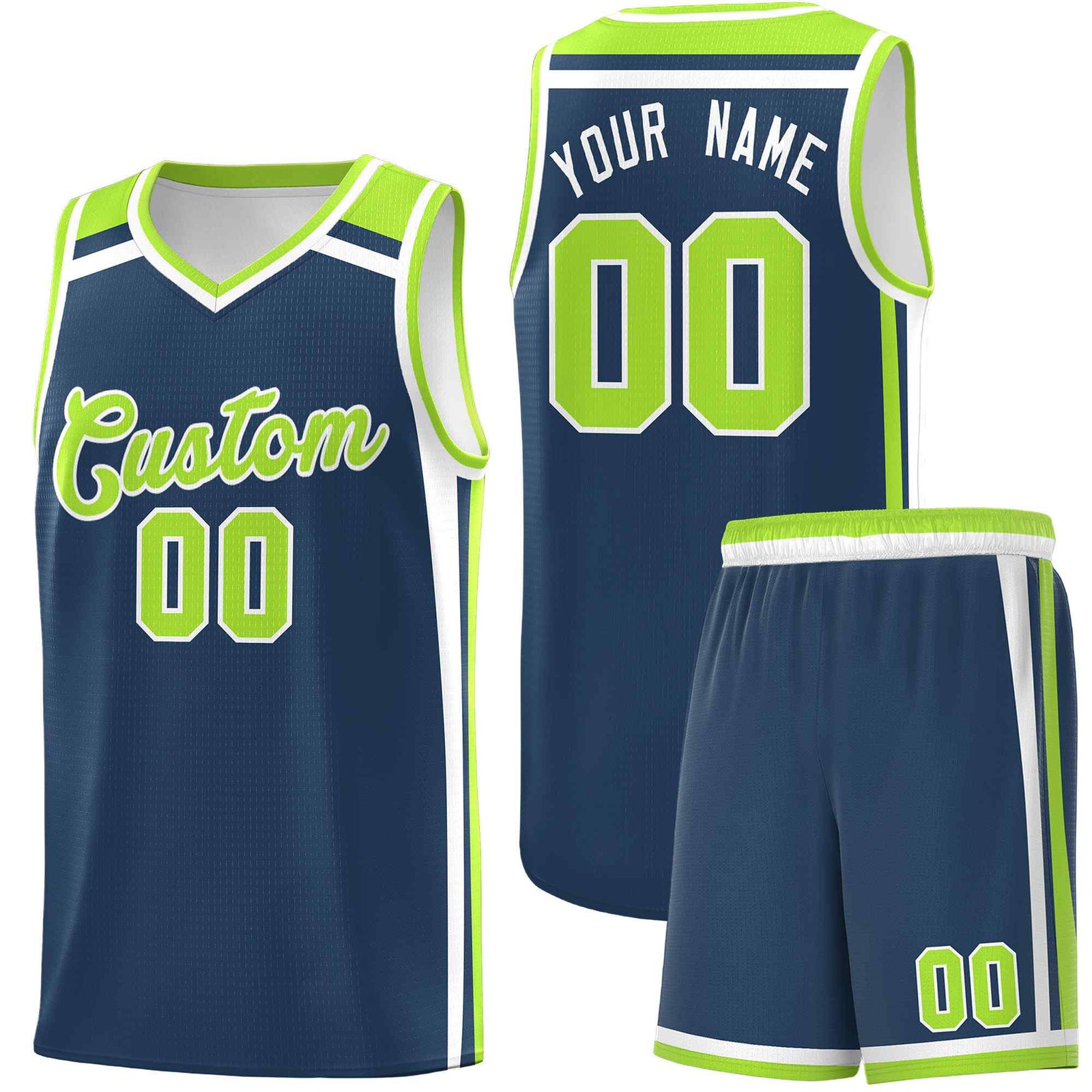 Custom Midnight Blue Neon Green White Trendy Color Charge Series Sports Uniform Basketball Jersey