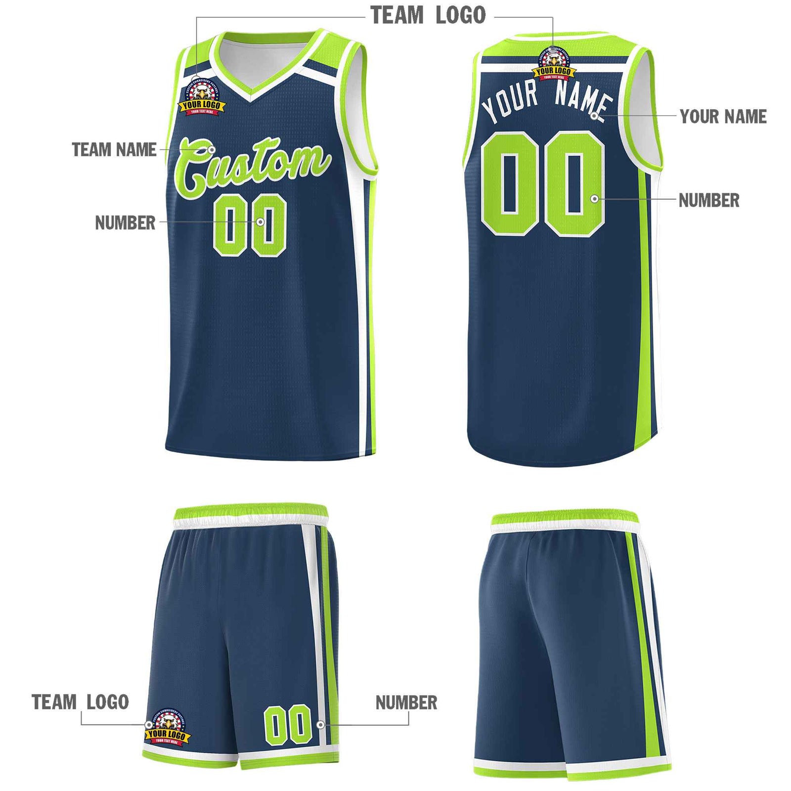 Custom Midnight Blue Neon Green White Trendy Color Charge Series Sports Uniform Basketball Jersey
