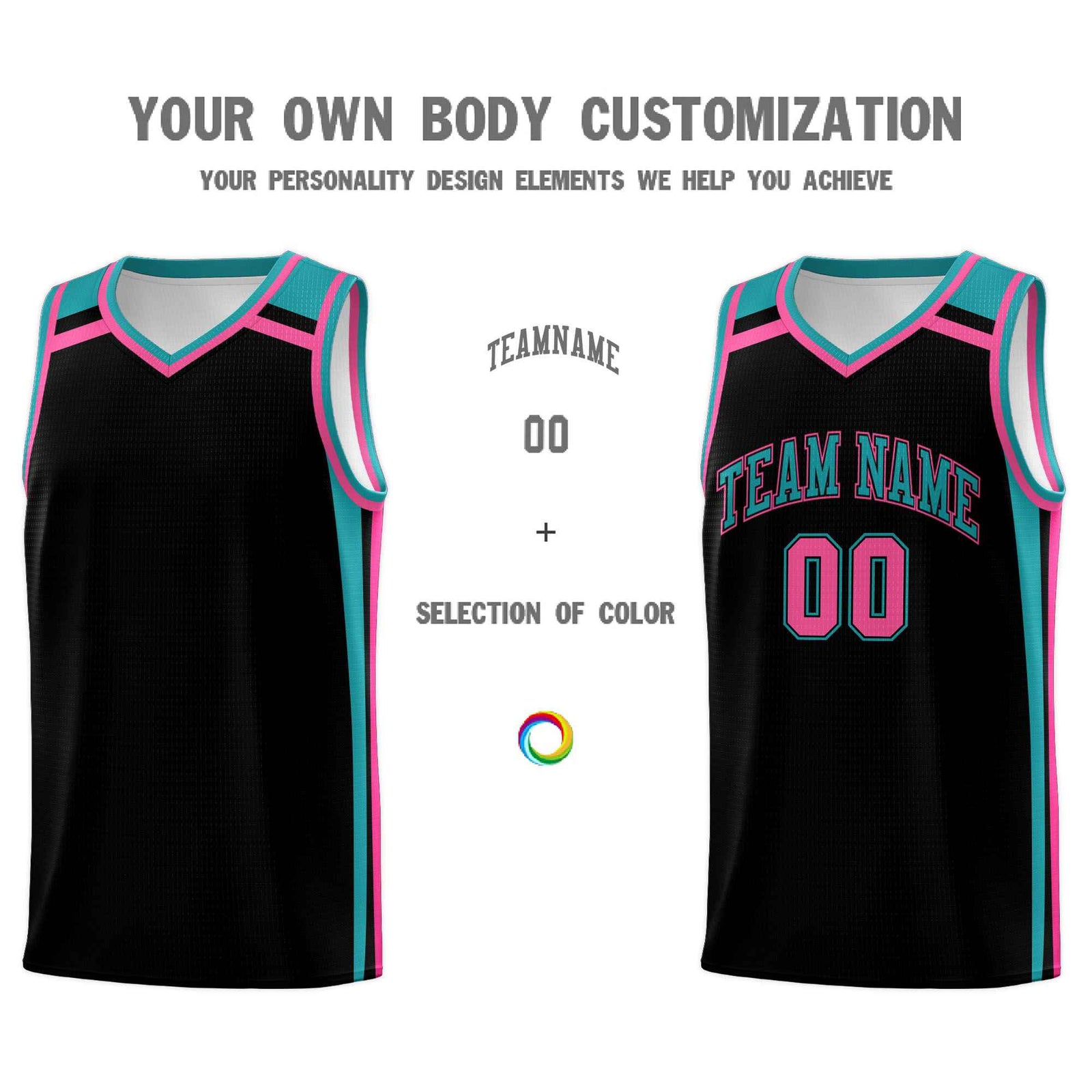 Custom Black Aqua Pink Trendy Color Charge Series Sports Uniform Basketball Jersey