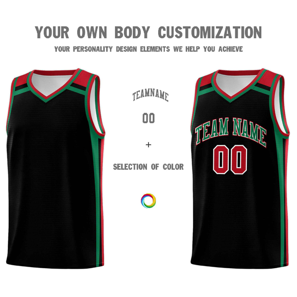 Custom Black Kelly Green Red Trendy Color Charge Series Sports Uniform Basketball Jersey