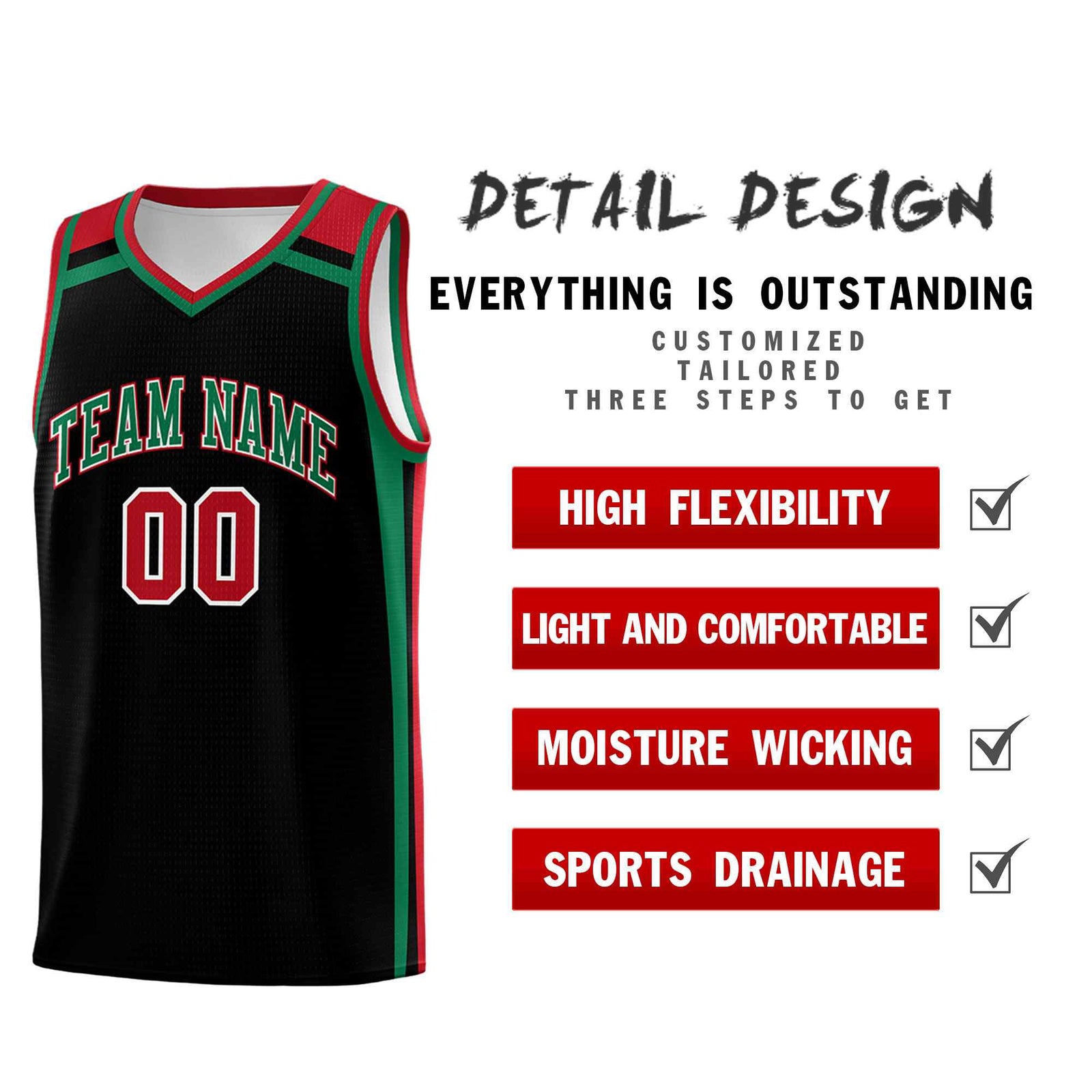 Custom Black Kelly Green Red Trendy Color Charge Series Sports Uniform Basketball Jersey