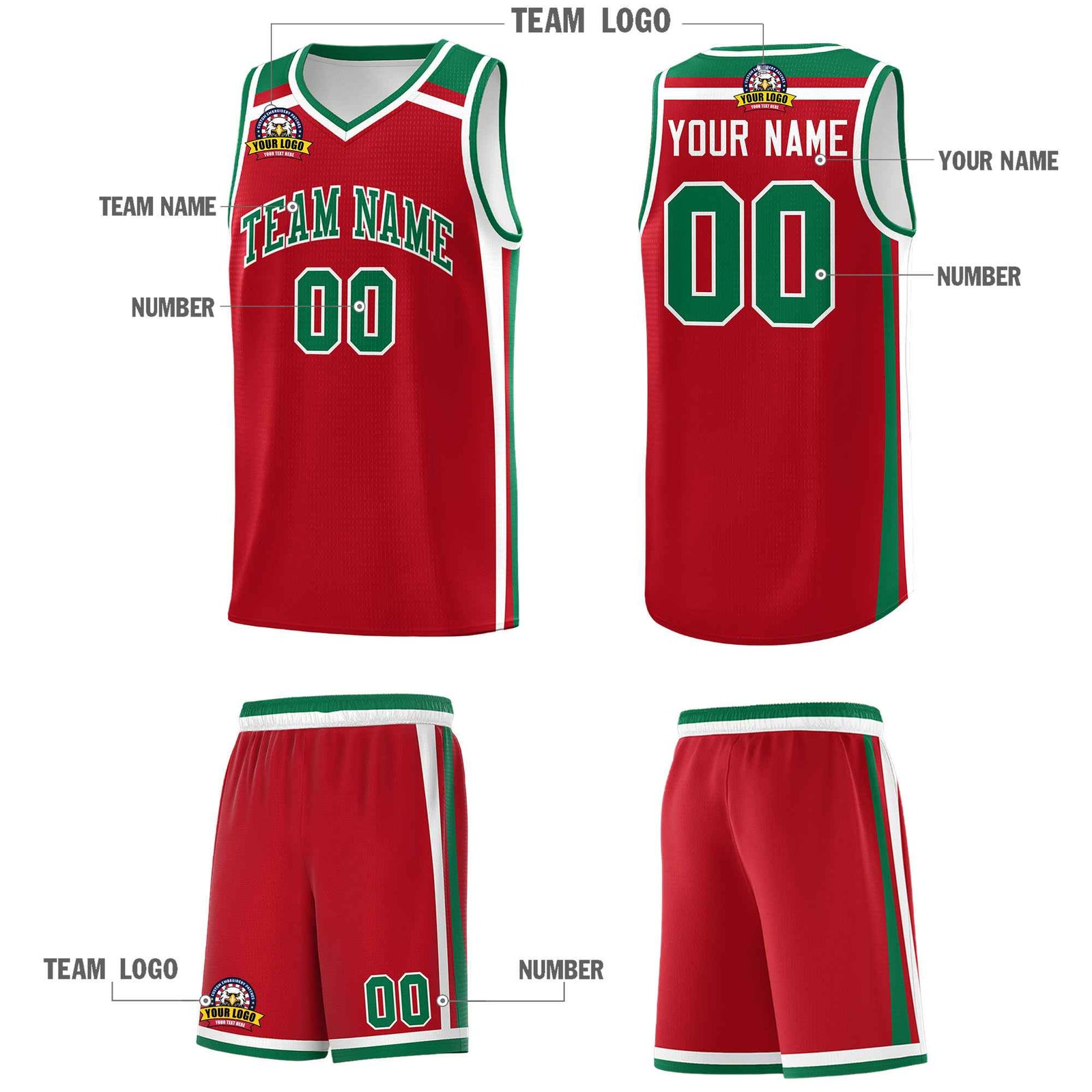 Custom Red White Kelly Green Trendy Color Charge Series Sports Uniform Basketball Jersey