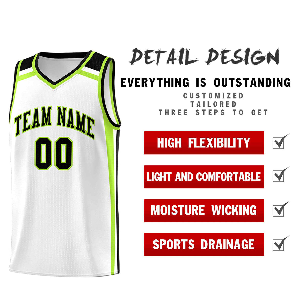 Custom White Black Neon Green Trendy Color Charge Series Sports Uniform Basketball Jersey