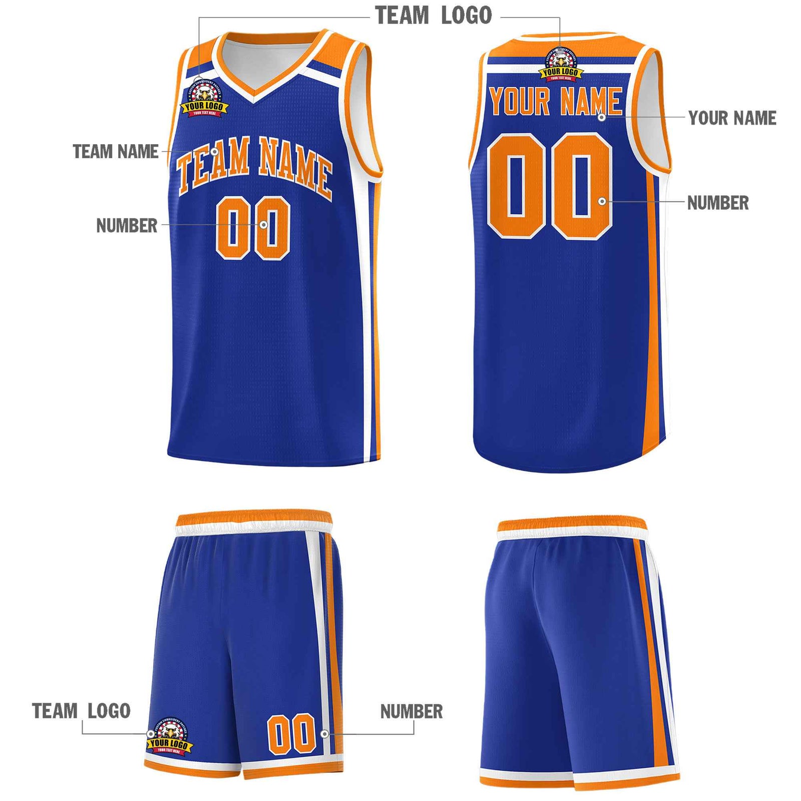 Custom Royal Blue White Orange Trendy Color Charge Series Sports Uniform Basketball Jersey