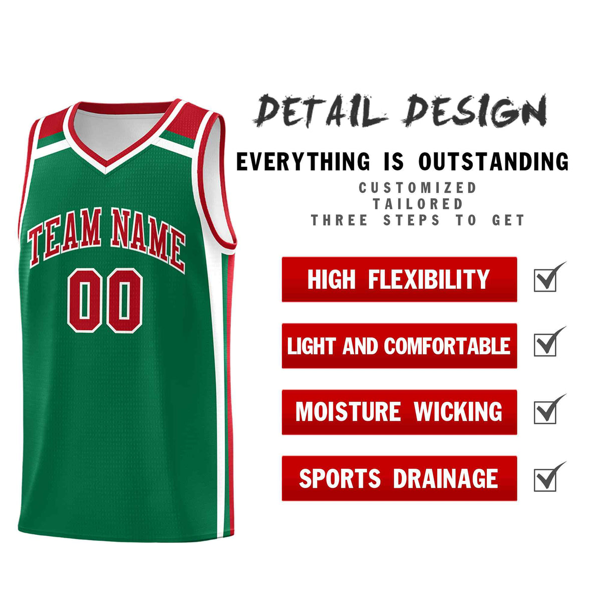 Custom Kelly Green Red White Trendy Color Charge Series Sports Uniform Basketball Jersey