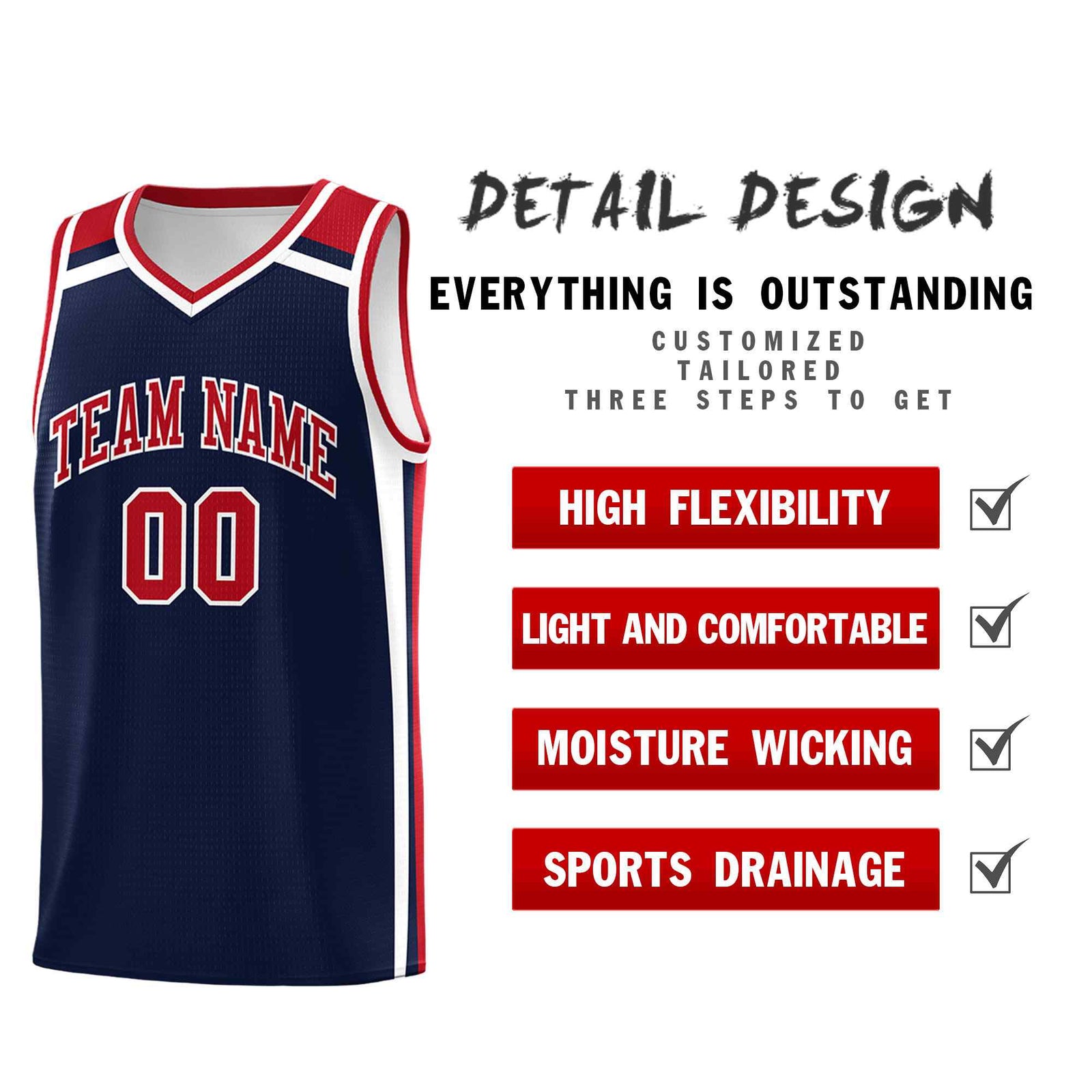Custom Navy Red White Trendy Color Charge Series Sports Uniform Basketball Jersey