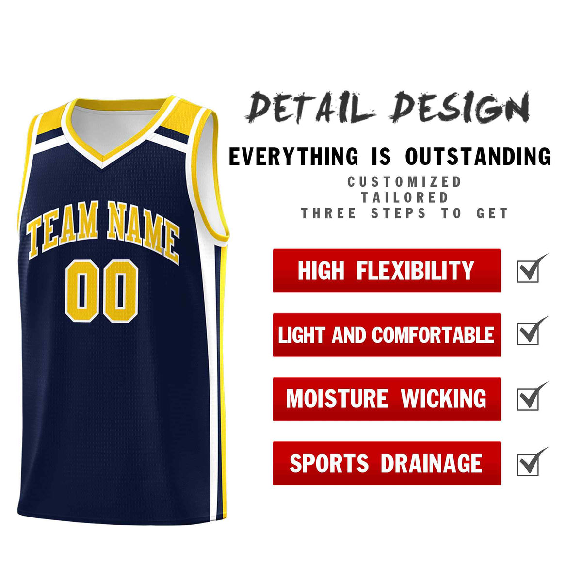 Custom Navy Gold White Trendy Color Charge Series Sports Uniform Basketball Jersey