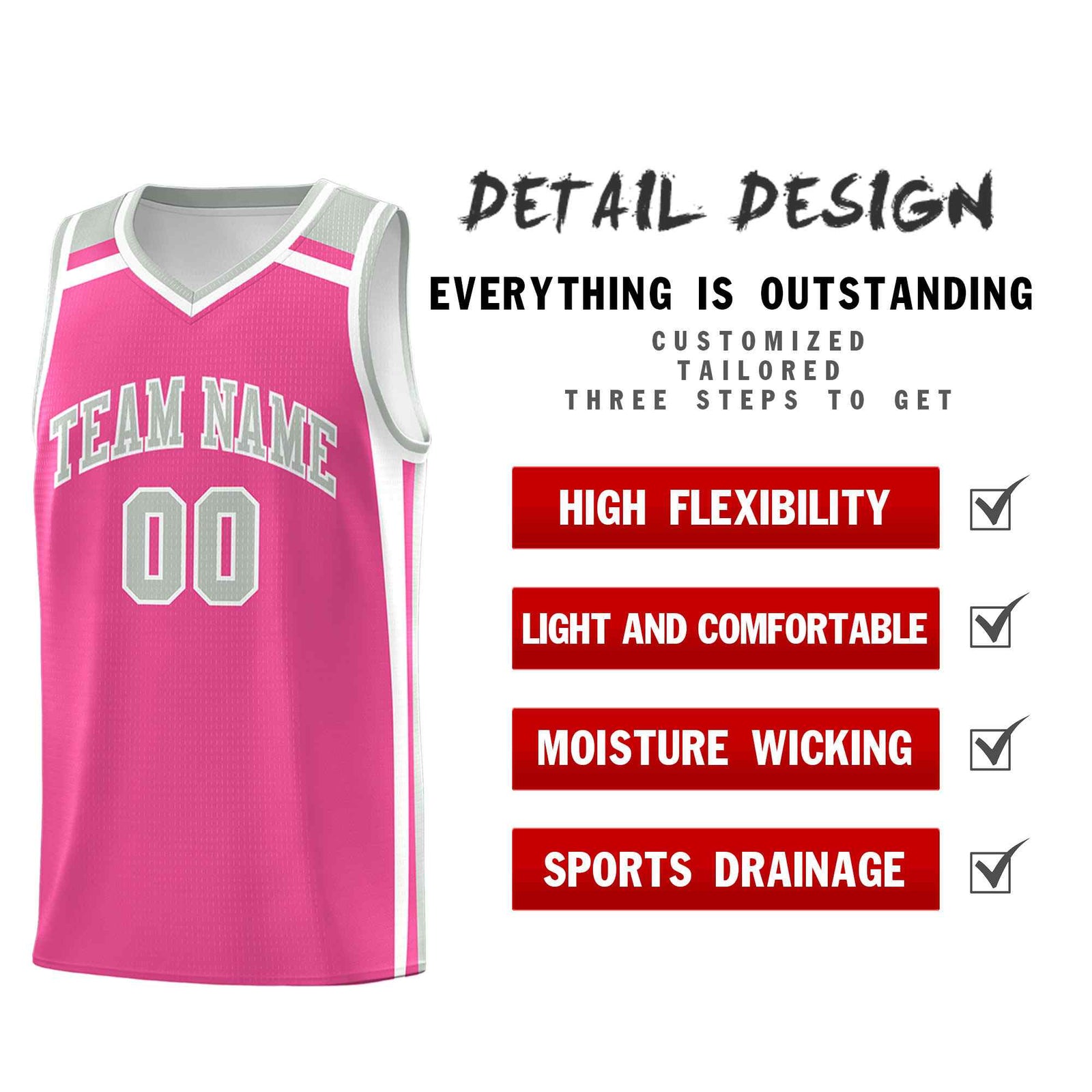 Custom Pink White Gray Trendy Color Charge Series Sports Uniform Basketball Jersey