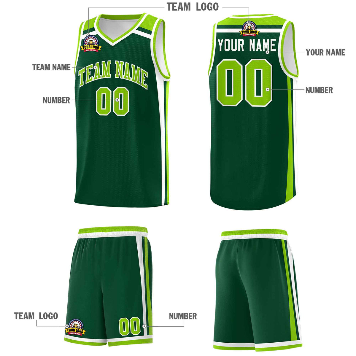 Custom Dark Green White Neon Green Trendy Color Charge Series Sports Uniform Basketball Jersey