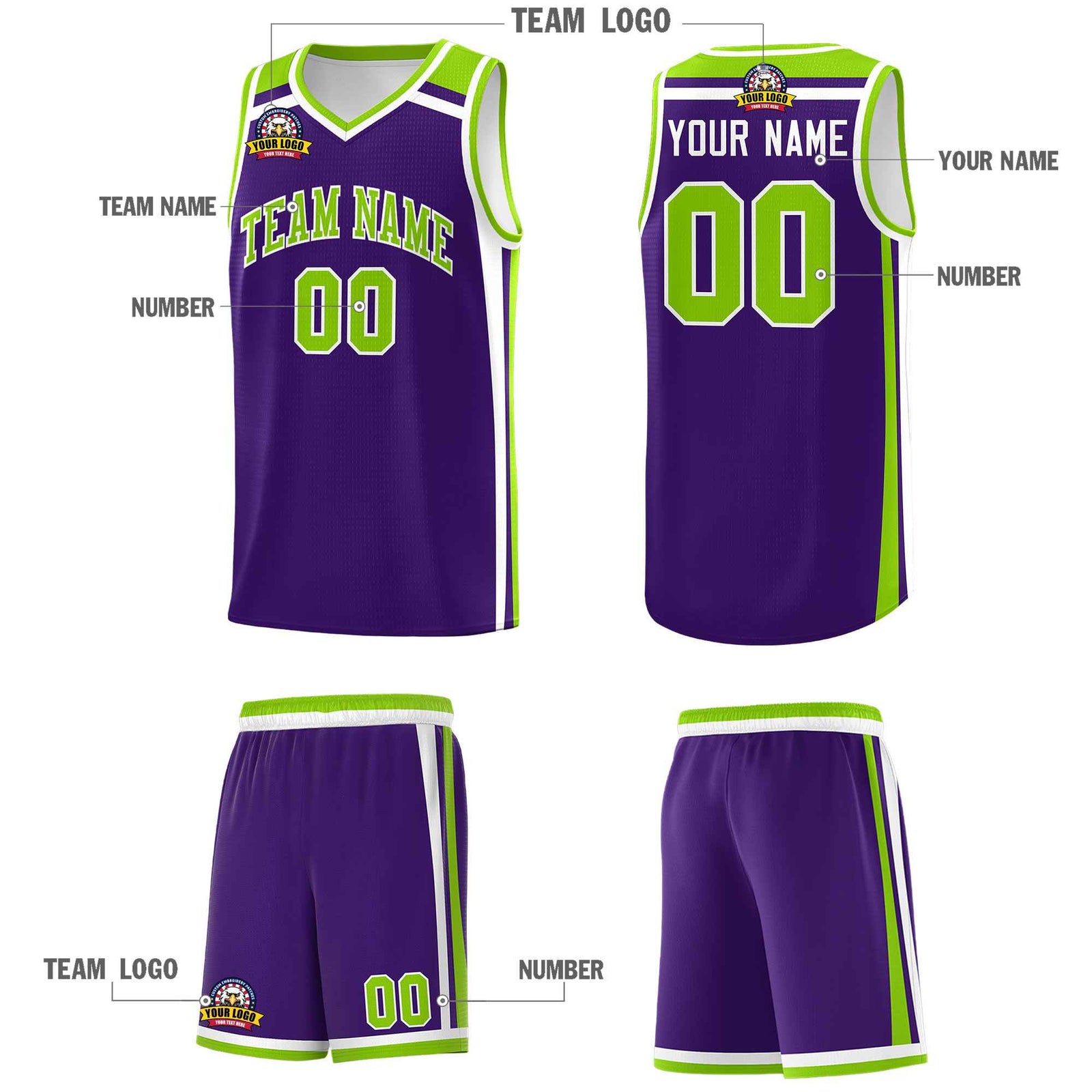 Custom Purple Neon Green White Trendy Color Charge Series Sports Uniform Basketball Jersey