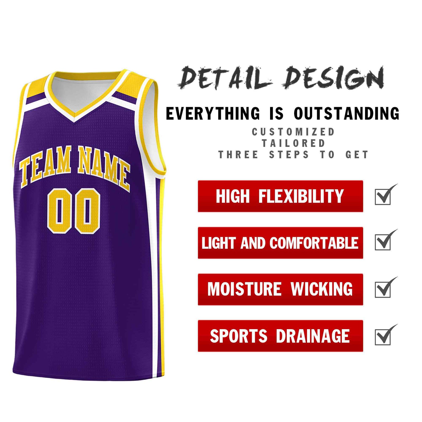 Custom Purple Gold White Trendy Color Charge Series Sports Uniform Basketball Jersey