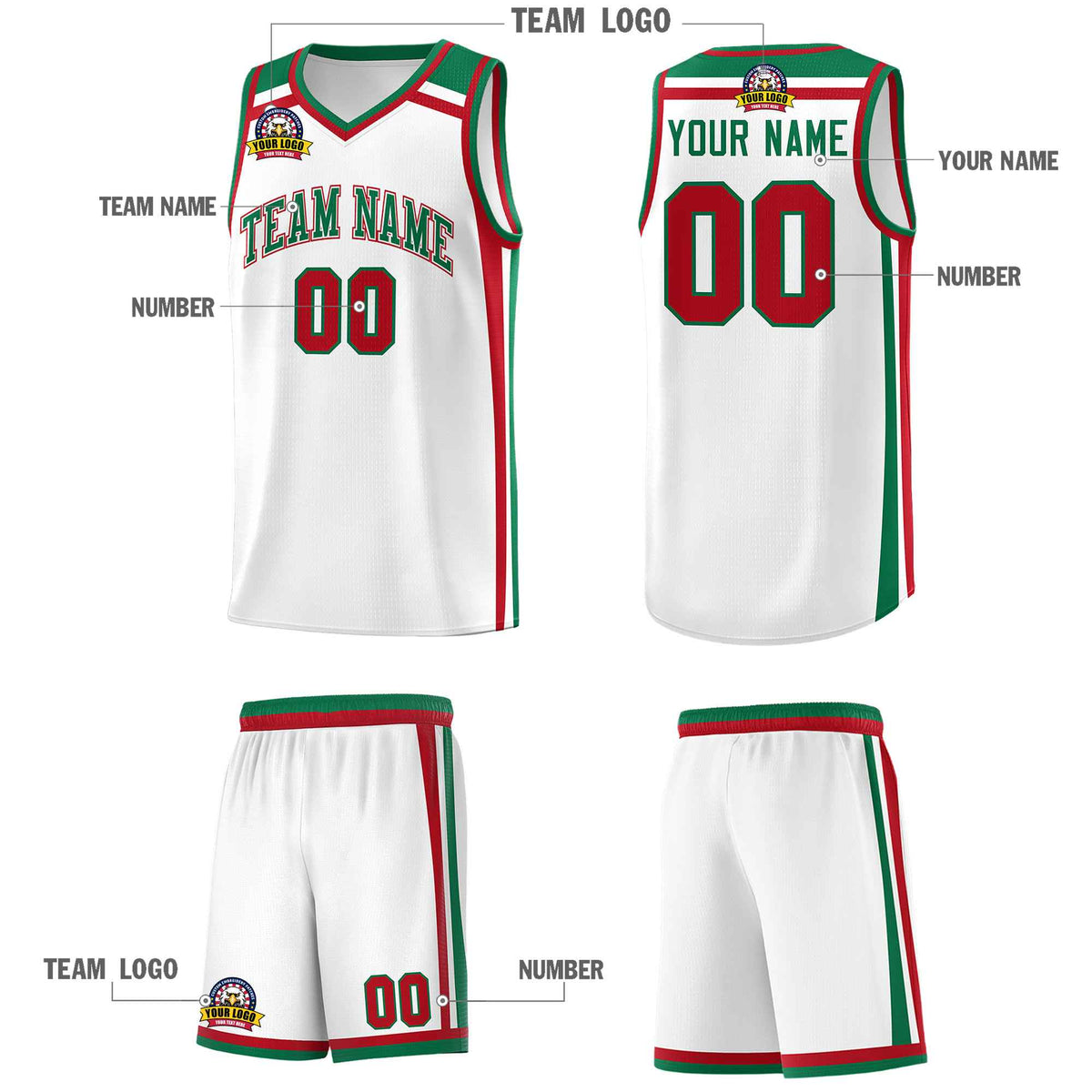 Custom White Kelly Green Red Trendy Color Charge Series Sports Uniform Basketball Jersey