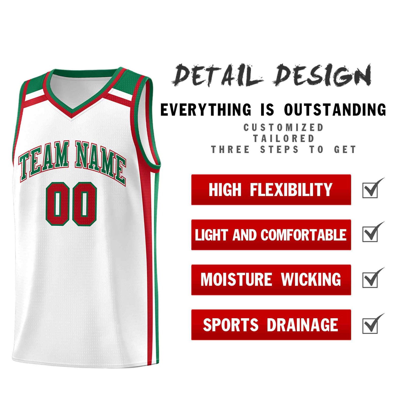 Custom White Kelly Green Red Trendy Color Charge Series Sports Uniform Basketball Jersey