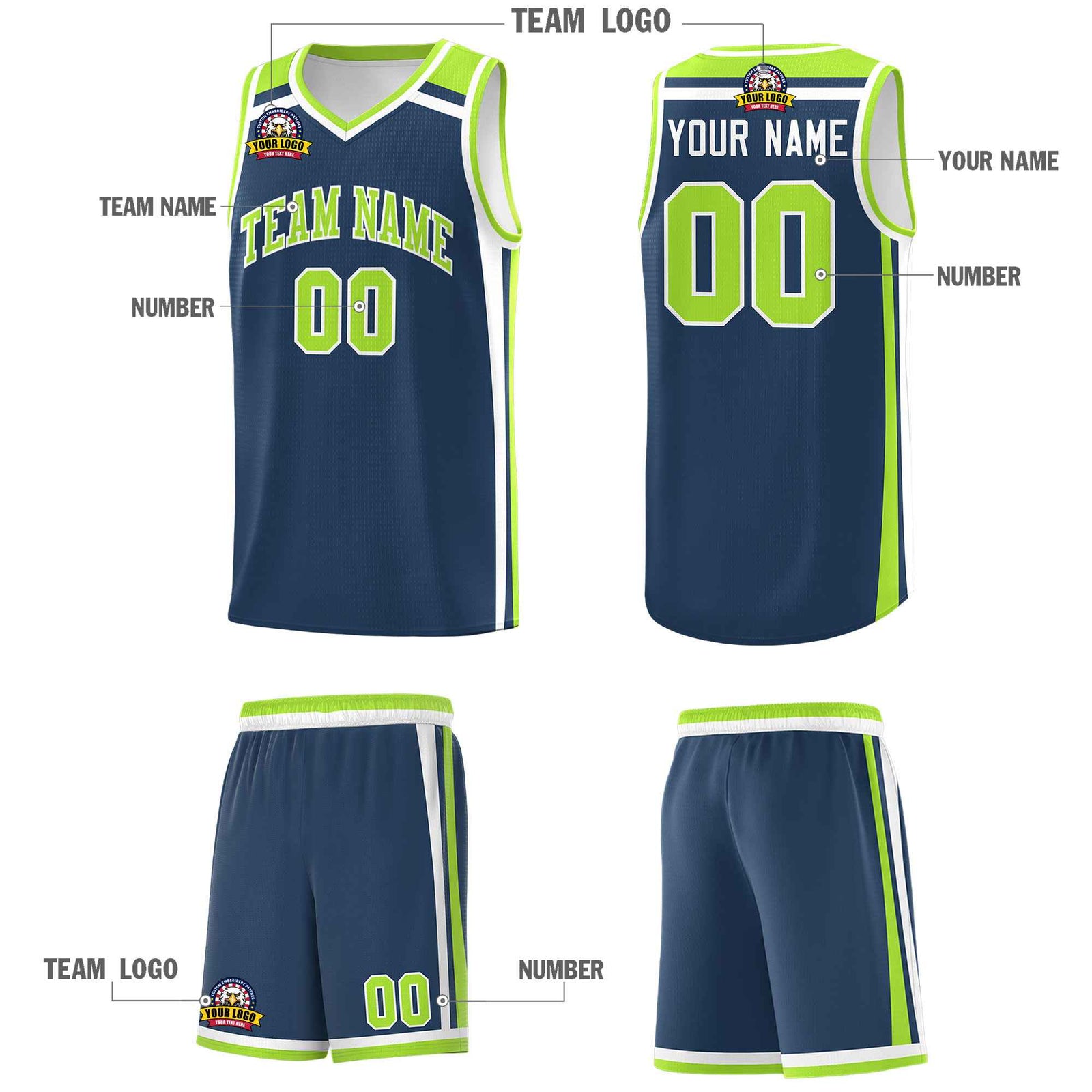 Custom Midnight Blue Neon Green White Trendy Color Charge Series Sports Uniform Basketball Jersey