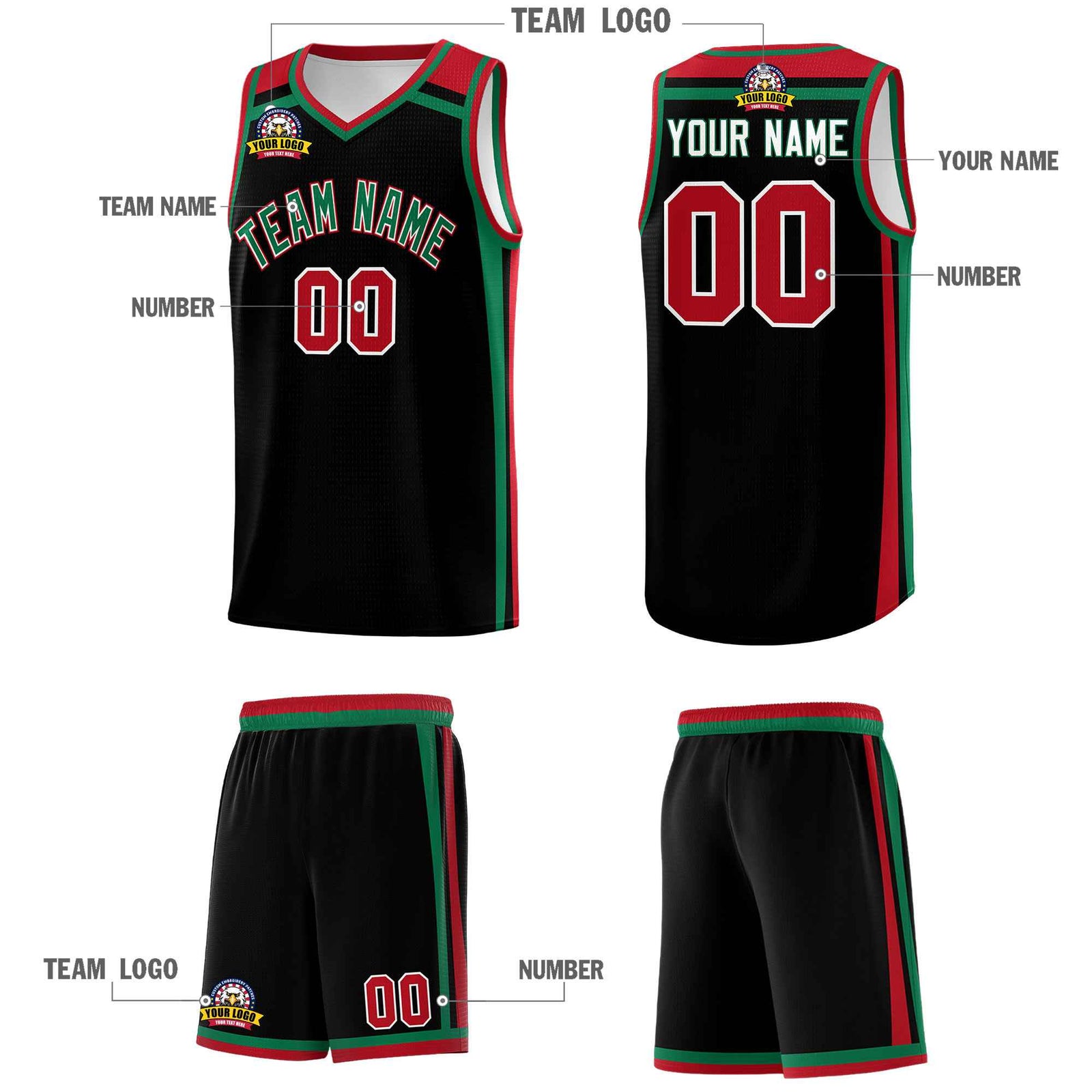 Custom Black Kelly Green Red Trendy Color Charge Series Sports Uniform Basketball Jersey