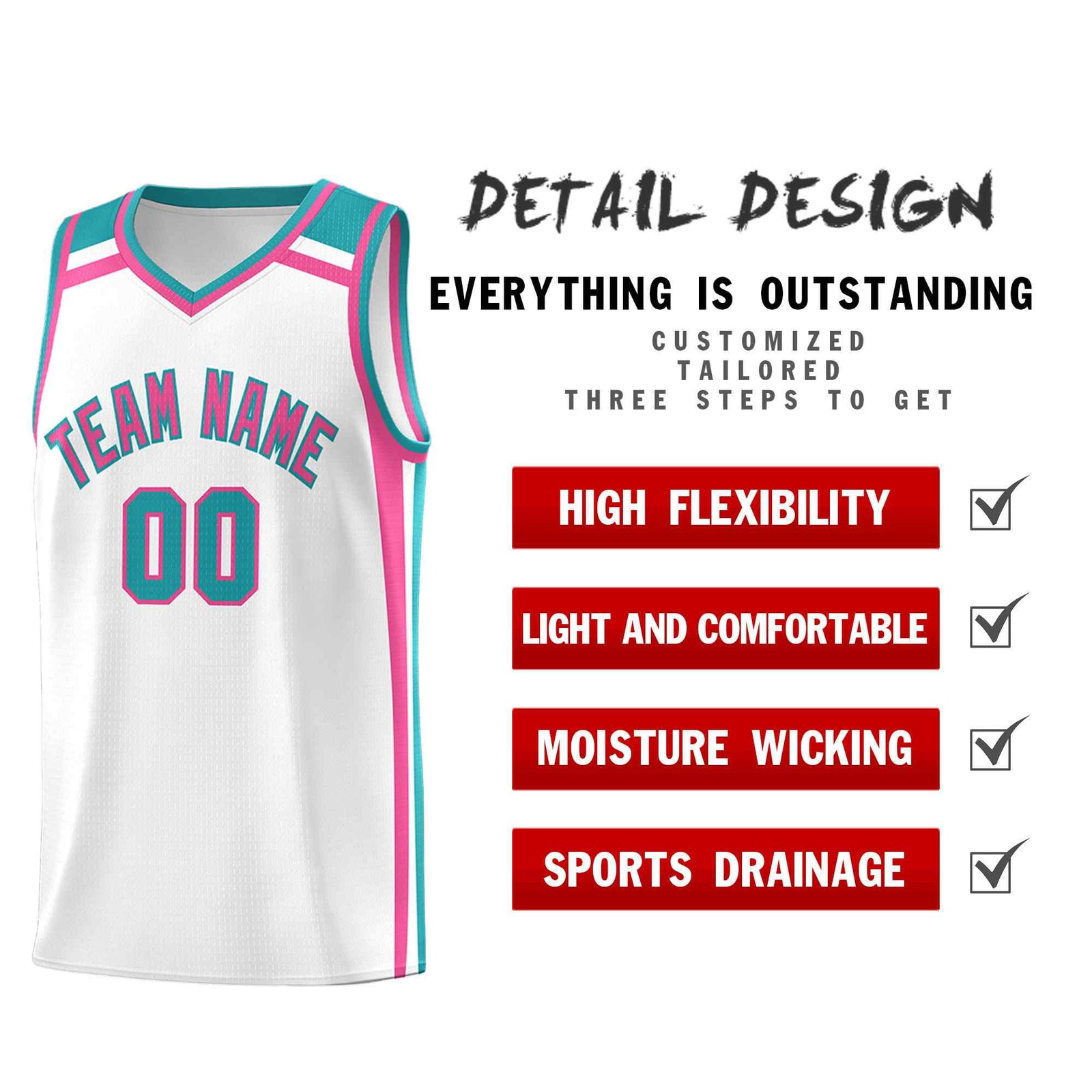 Custom White Pink Aqua Trendy Color Charge Series Sports Uniform Basketball Jersey