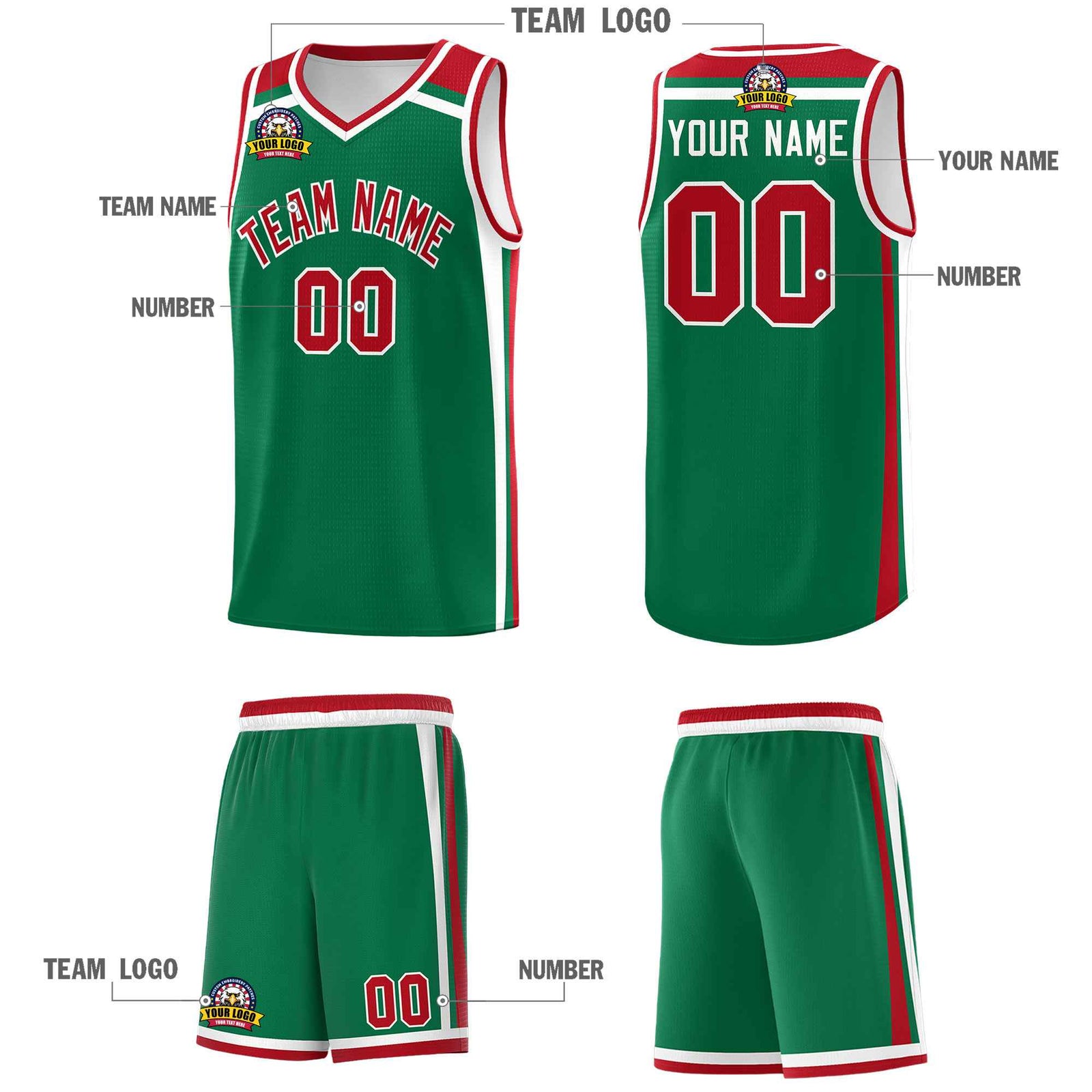 Custom Kelly Green Red White Trendy Color Charge Series Sports Uniform Basketball Jersey