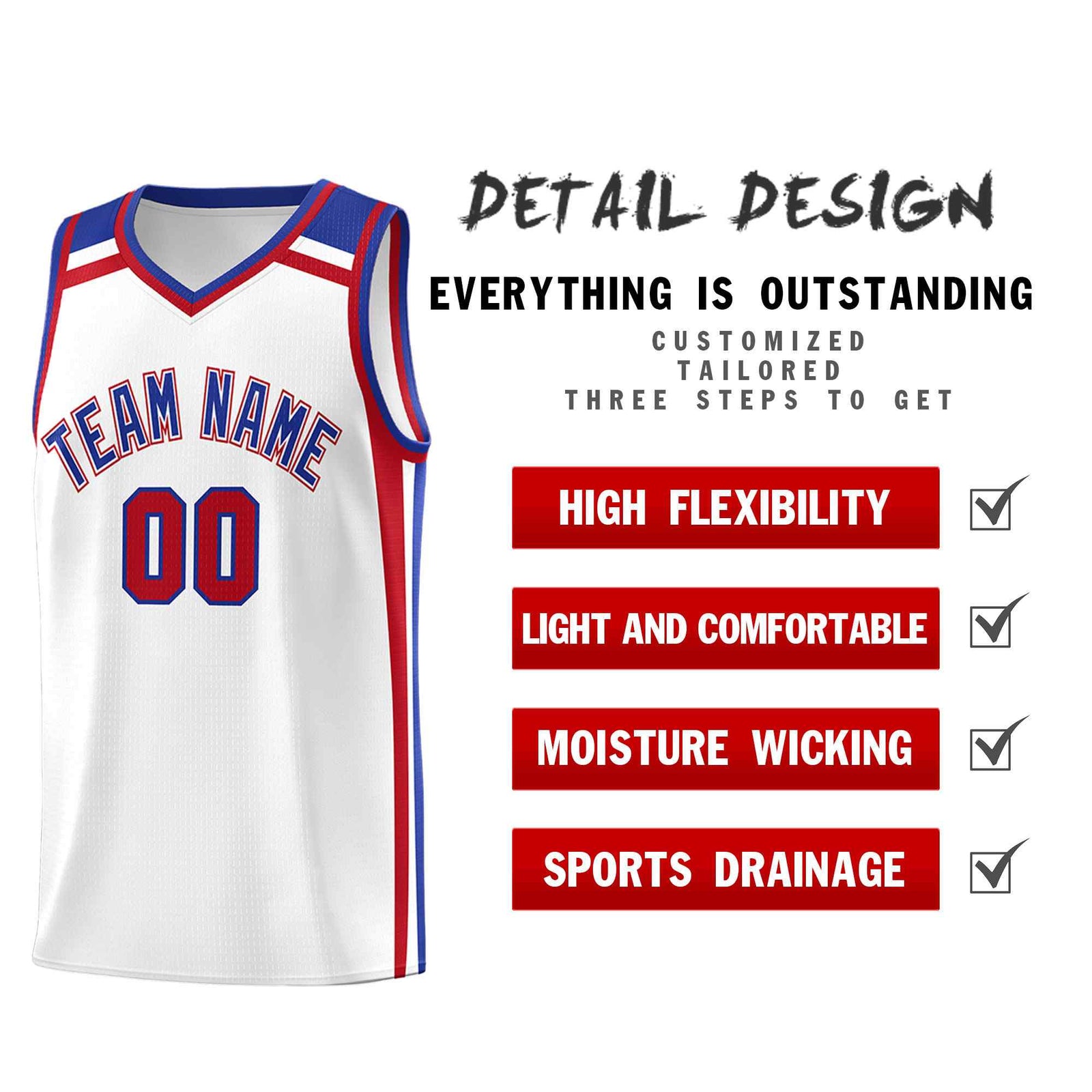 Custom White Royal Blue Red Trendy Color Charge Series Sports Uniform Basketball Jersey