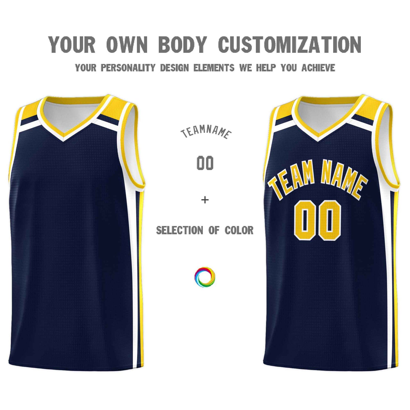Custom Navy Gold White Trendy Color Charge Series Sports Uniform Basketball Jersey