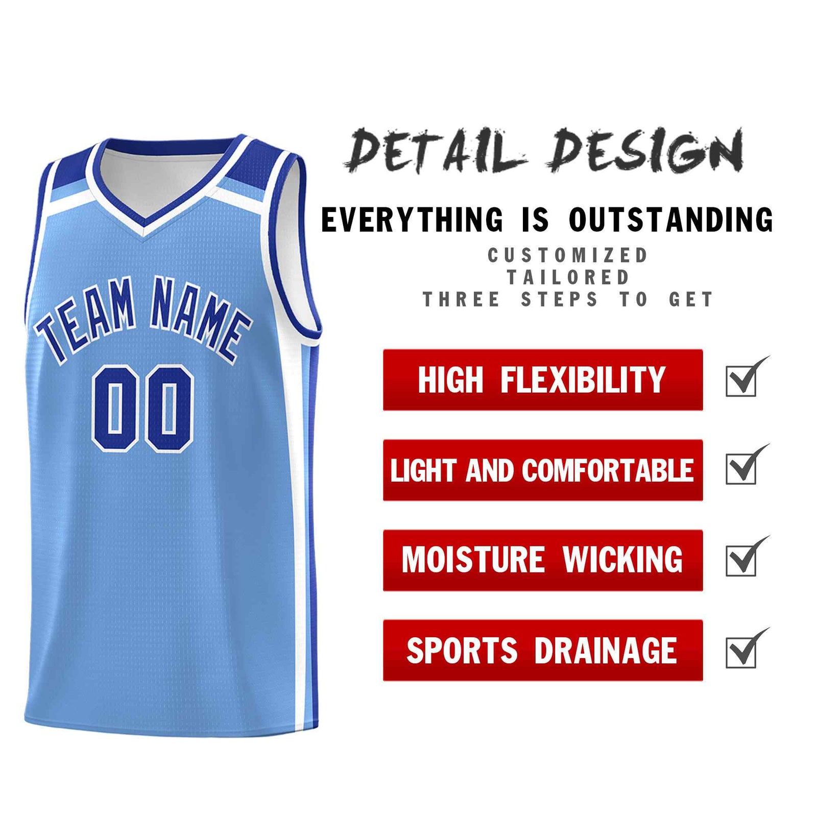 Custom Light Blue Royal Blue White Trendy Color Charge Series Sports Uniform Basketball Jersey