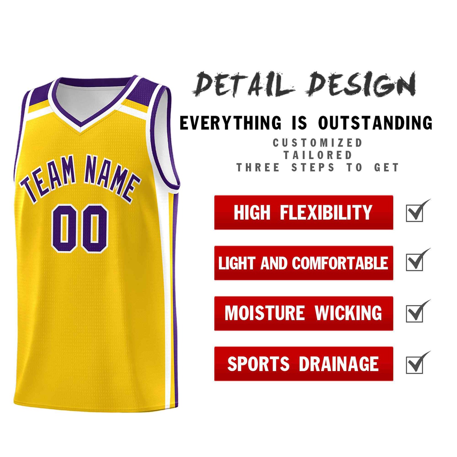 Custom Gold Purple White Trendy Color Charge Series Sports Uniform Basketball Jersey