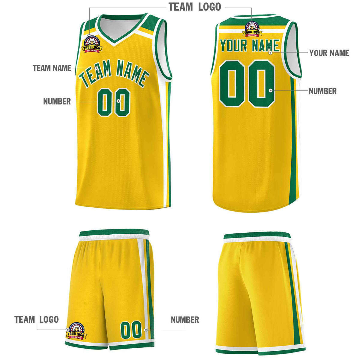 Custom Gold Kelly Green White Trendy Color Charge Series Sports Uniform Basketball Jersey