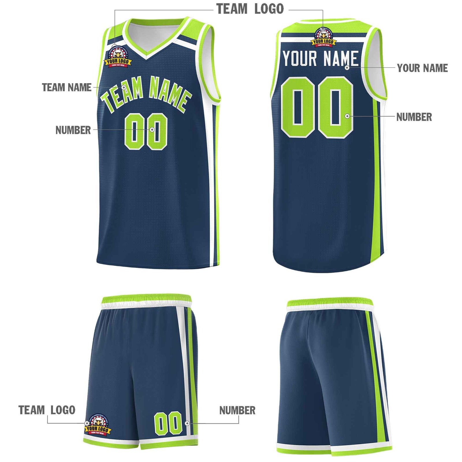 Custom Midnight Blue Neon Green White Trendy Color Charge Series Sports Uniform Basketball Jersey