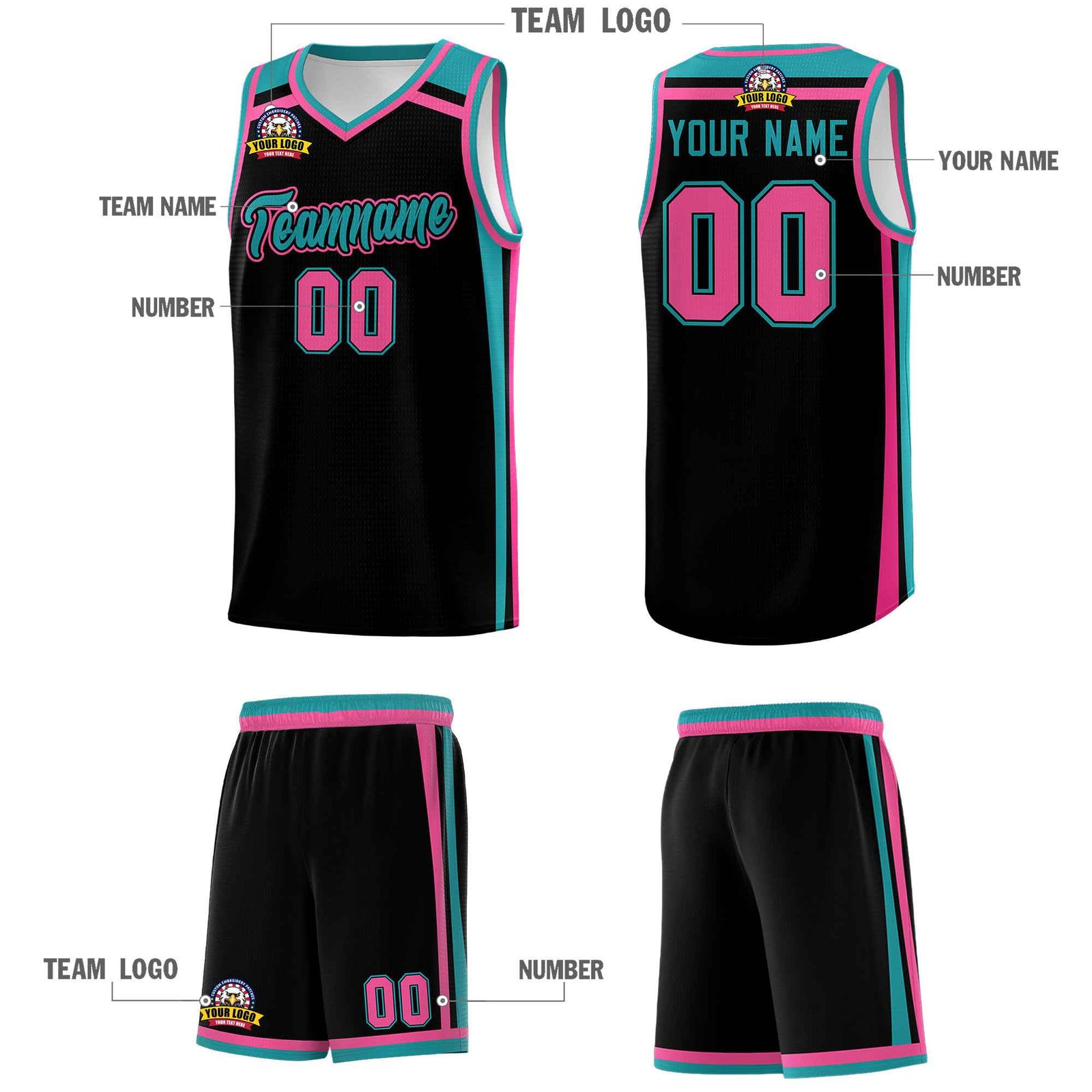 Custom Black Aqua Pink Trendy Color Charge Series Sports Uniform Basketball Jersey