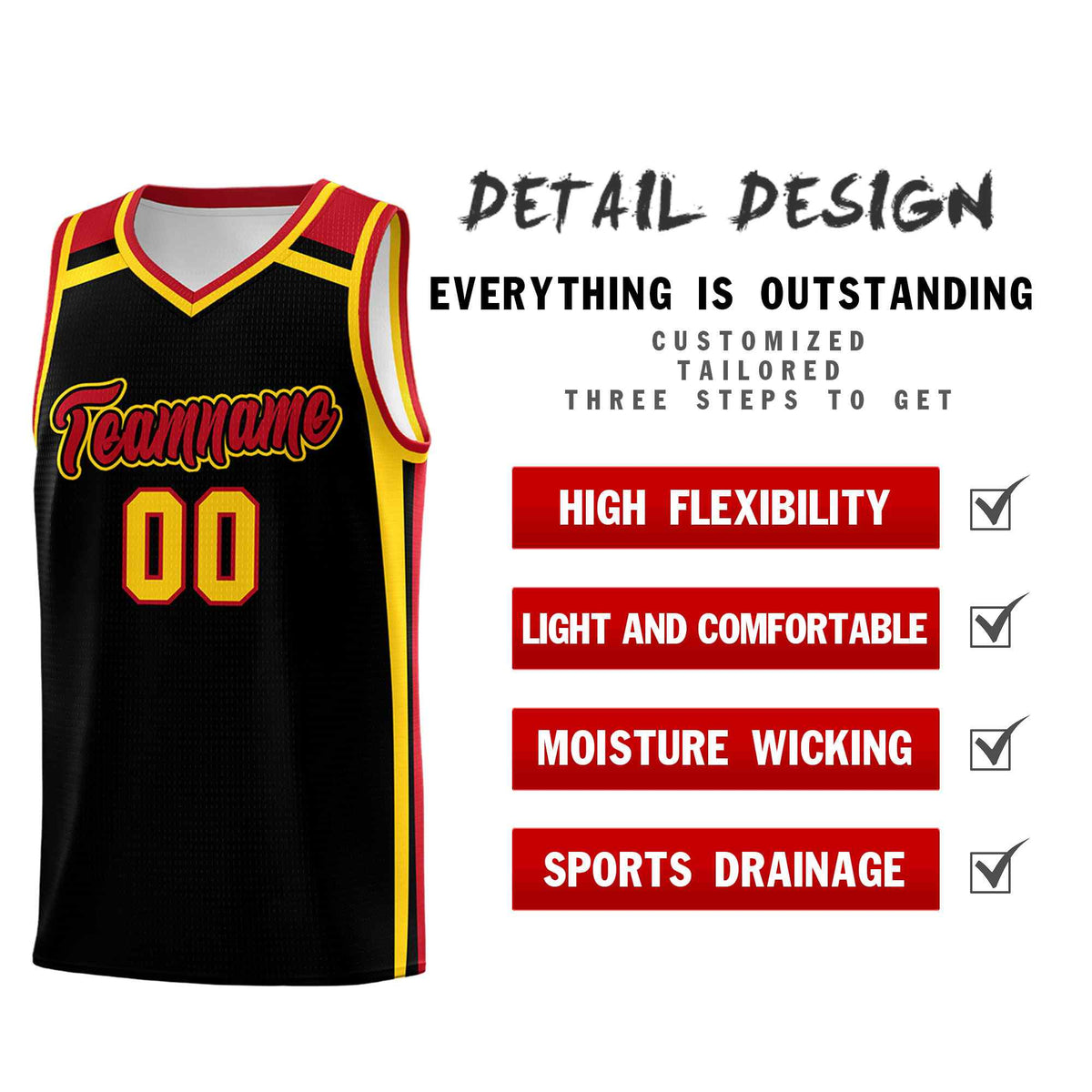 Custom Black Gold Red Trendy Color Charge Series Sports Uniform Basketball Jersey