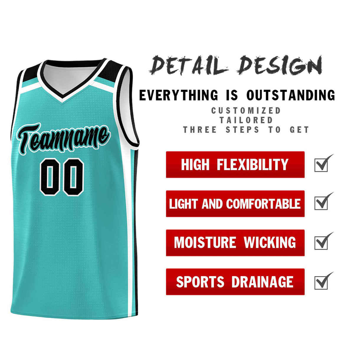 Custom Teal White Black Trendy Color Charge Series Sports Uniform Basketball Jersey