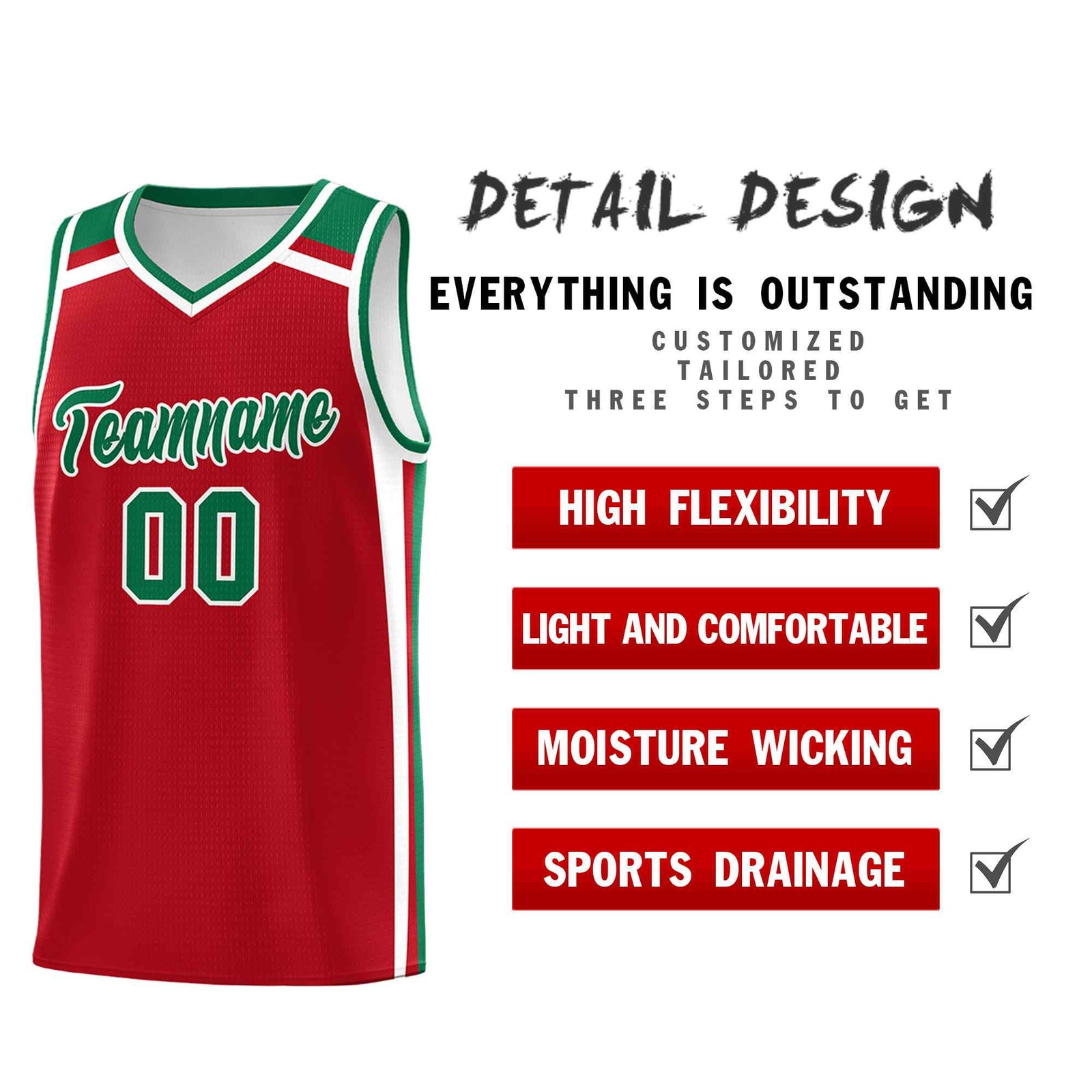 Custom Red White Kelly Green Trendy Color Charge Series Sports Uniform Basketball Jersey
