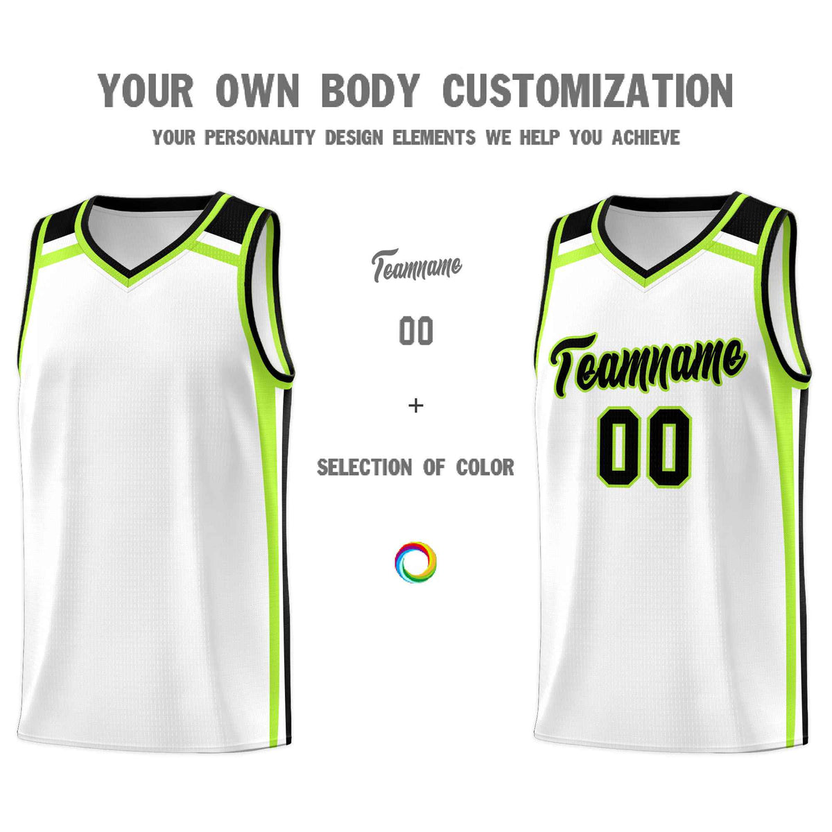 Custom White Black Neon Green Trendy Color Charge Series Sports Uniform Basketball Jersey