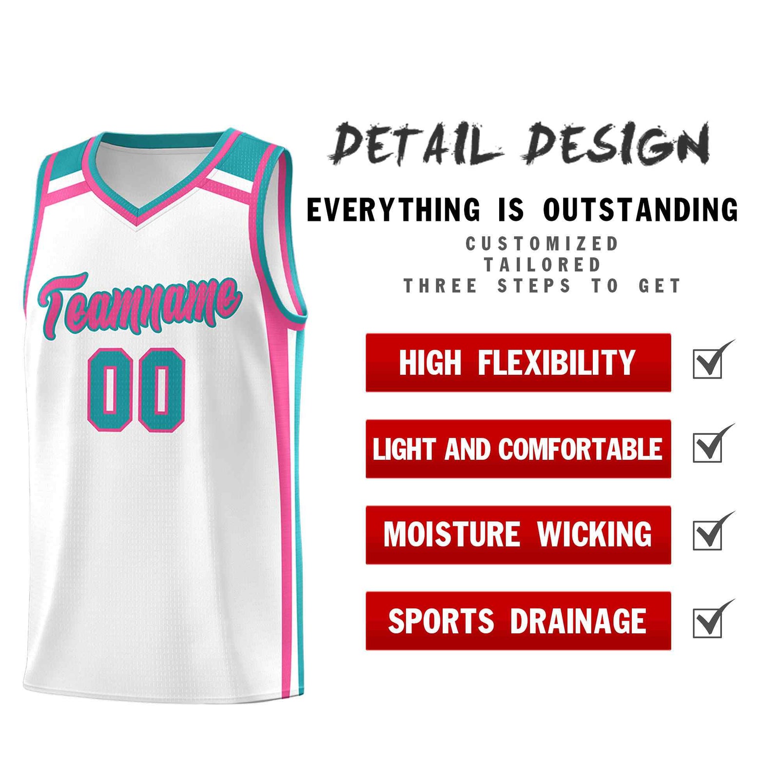 Custom White Pink Aqua Trendy Color Charge Series Sports Uniform Basketball Jersey