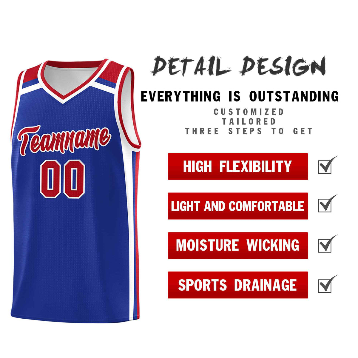 Custom Royal Blue Red White Trendy Color Charge Series Sports Uniform Basketball Jersey