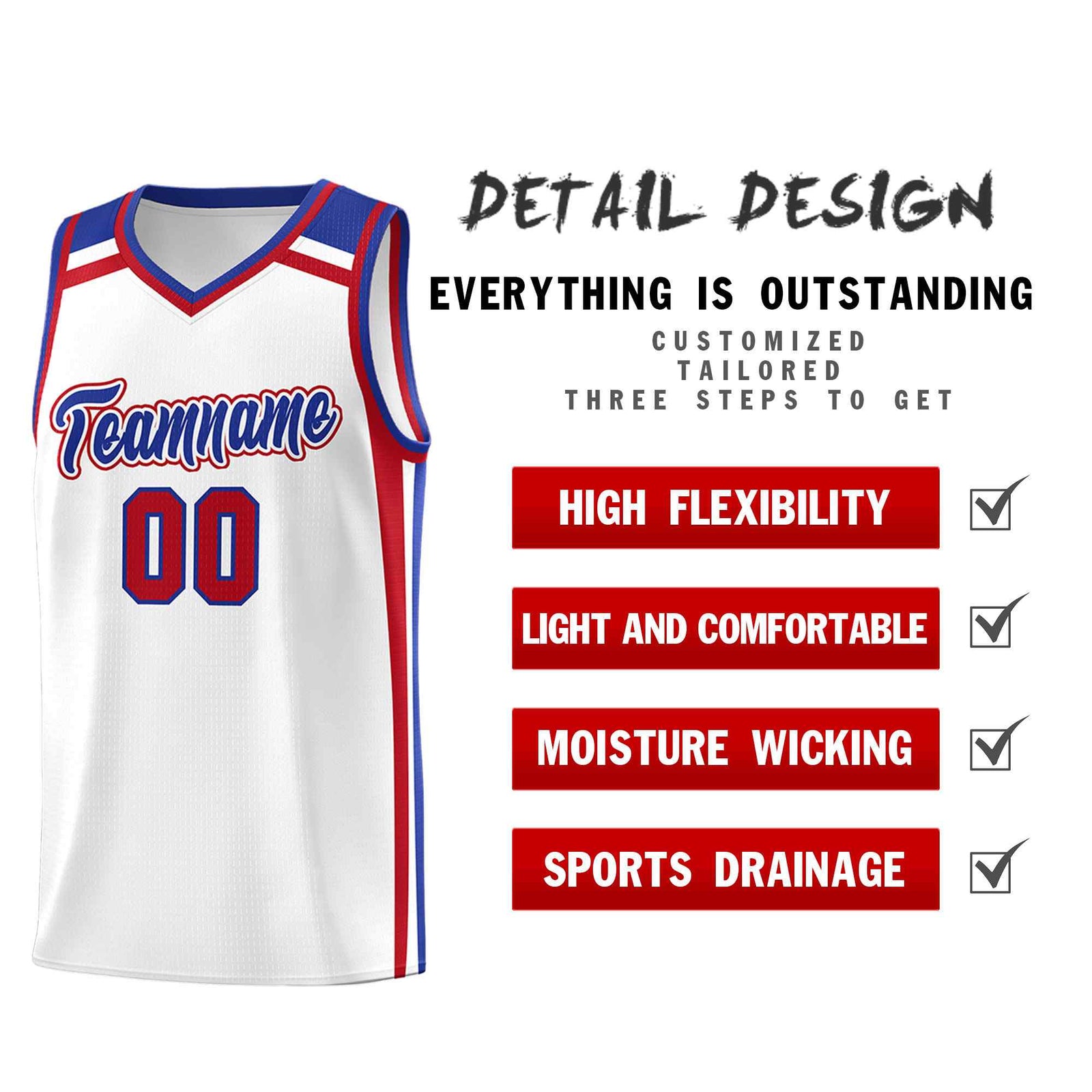 Custom White Royal Blue Red Trendy Color Charge Series Sports Uniform Basketball Jersey