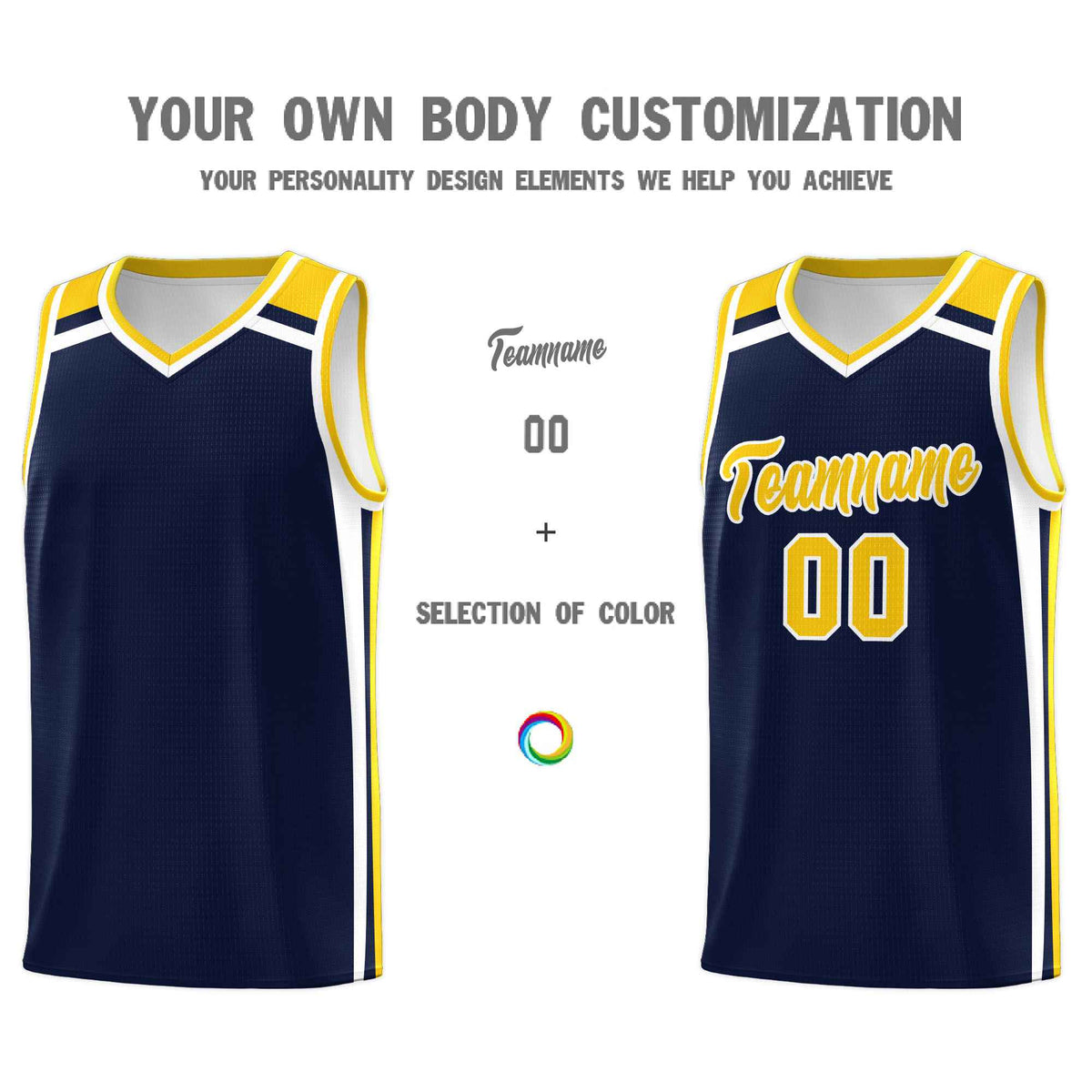 Custom Navy Gold White Trendy Color Charge Series Sports Uniform Basketball Jersey