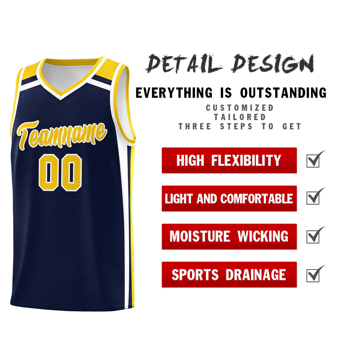 Custom Navy Gold White Trendy Color Charge Series Sports Uniform Basketball Jersey