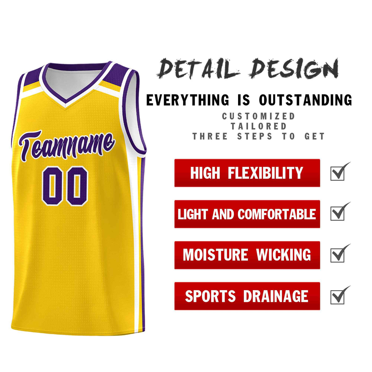 Custom Gold Purple White Trendy Color Charge Series Sports Uniform Basketball Jersey
