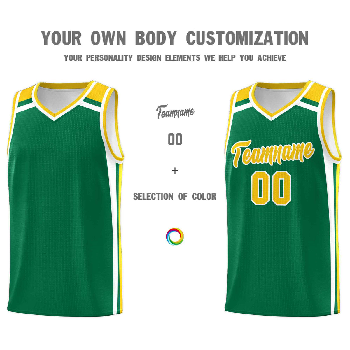 Custom Kelly Green Gold White Trendy Color Charge Series Sports Uniform Basketball Jersey