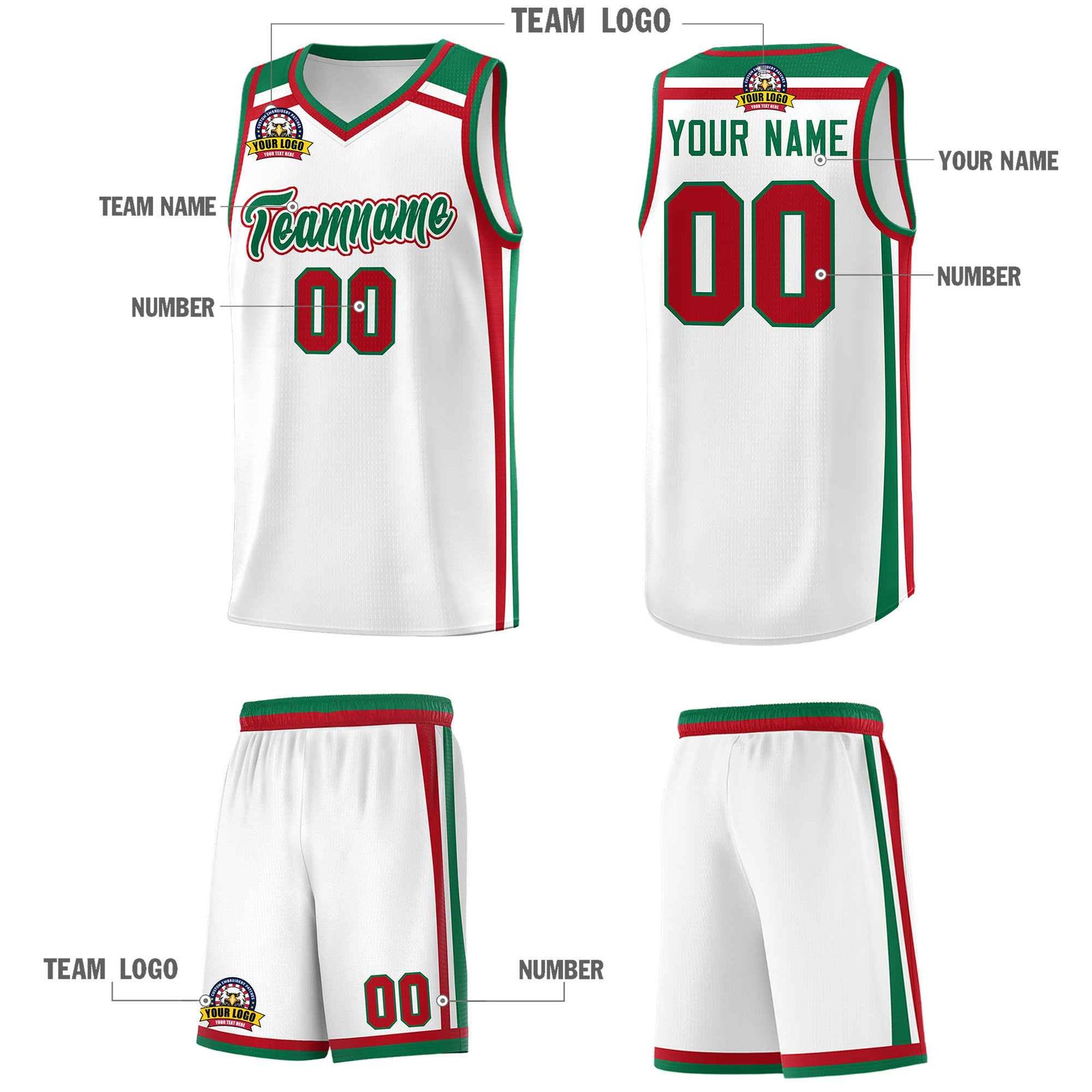 Custom White Kelly Green Red Trendy Color Charge Series Sports Uniform Basketball Jersey