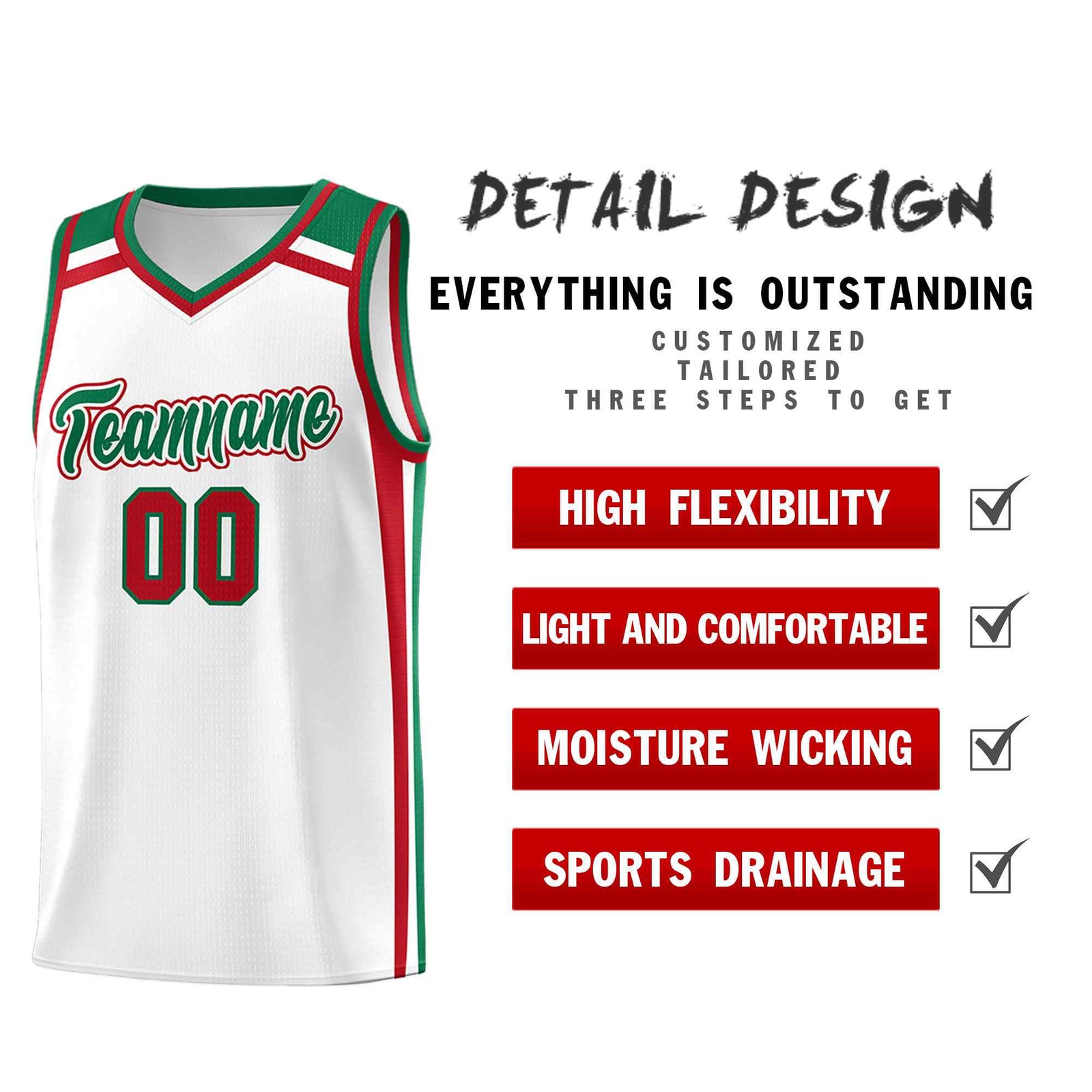 Custom White Kelly Green Red Trendy Color Charge Series Sports Uniform Basketball Jersey
