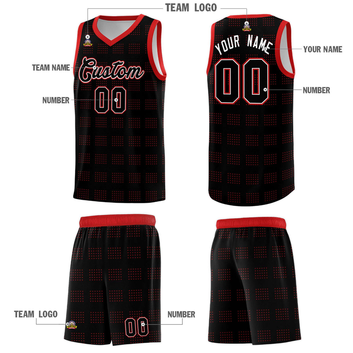 Custom Black Red Trailblazer Dot Pattern Sports Uniform Basketball Jersey