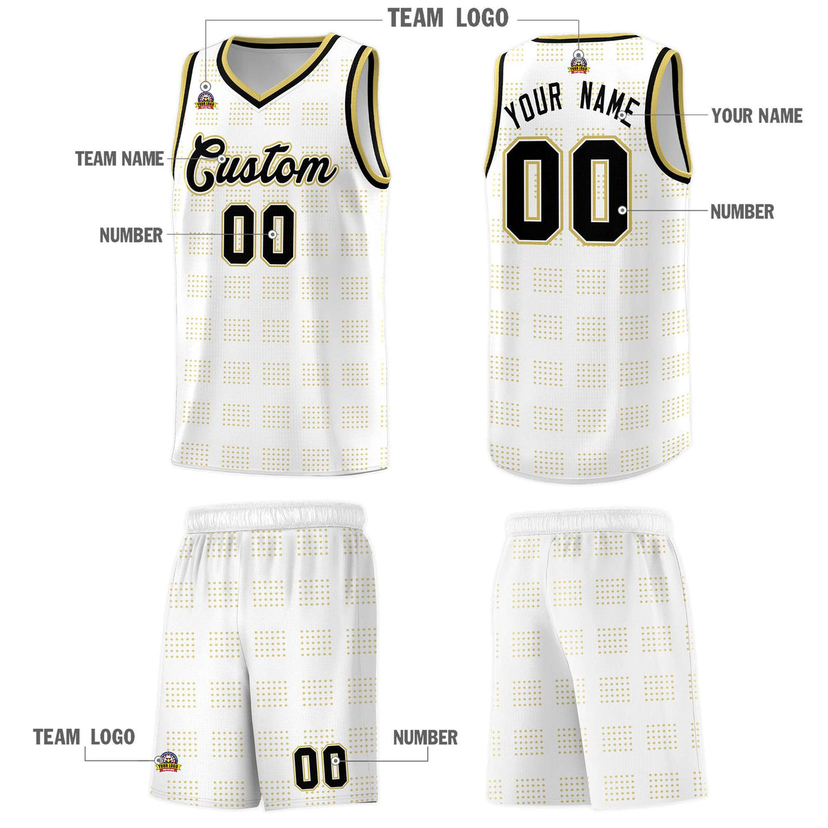 Custom White Old Gold Trailblazer Dot Pattern Sports Uniform Basketball Jersey