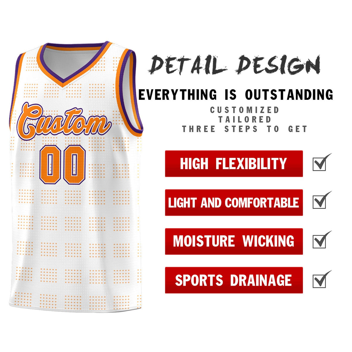 Custom White Orange Trailblazer Dot Pattern Sports Uniform Basketball Jersey