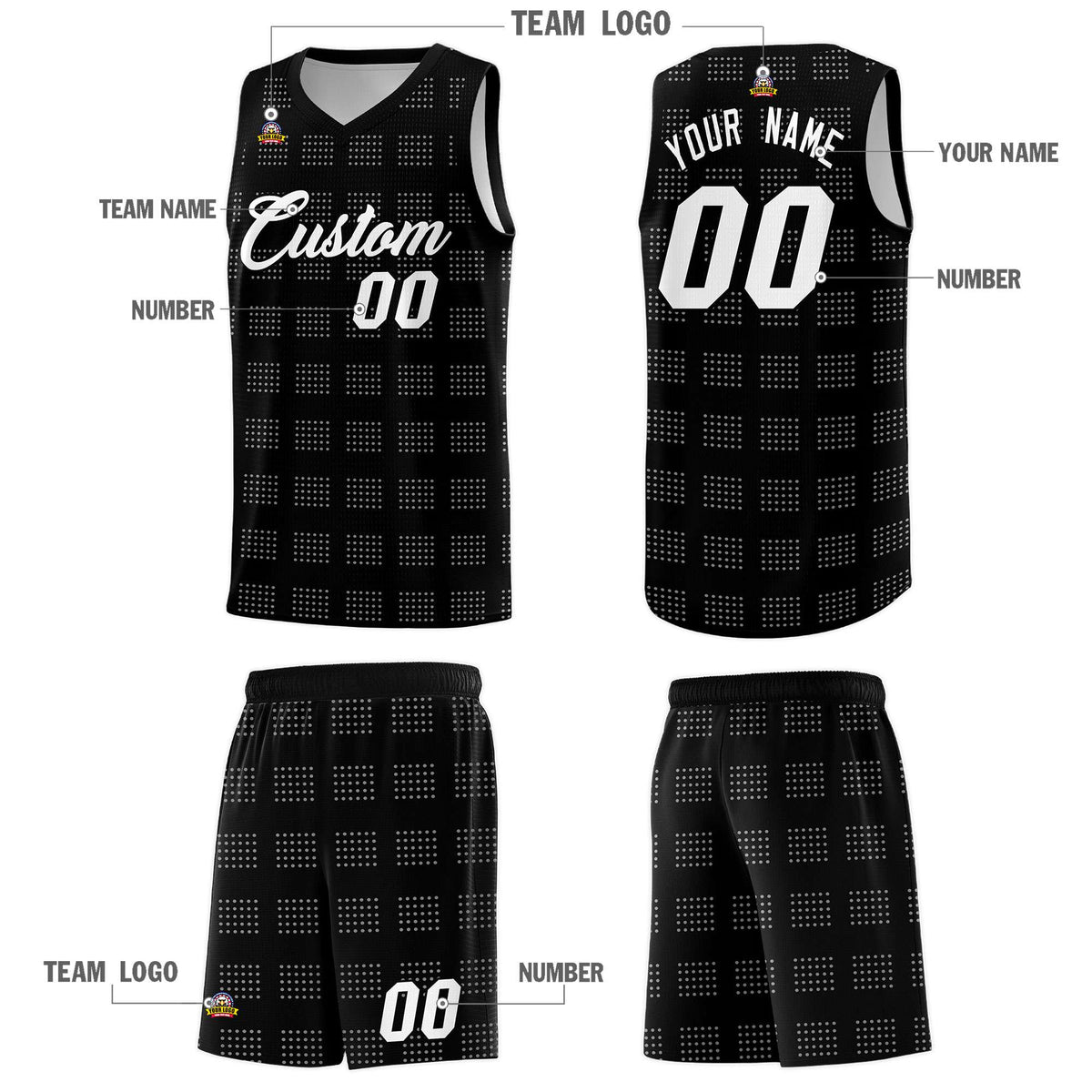 Custom Black White Trailblazer Dot Pattern Sports Uniform Basketball Jersey