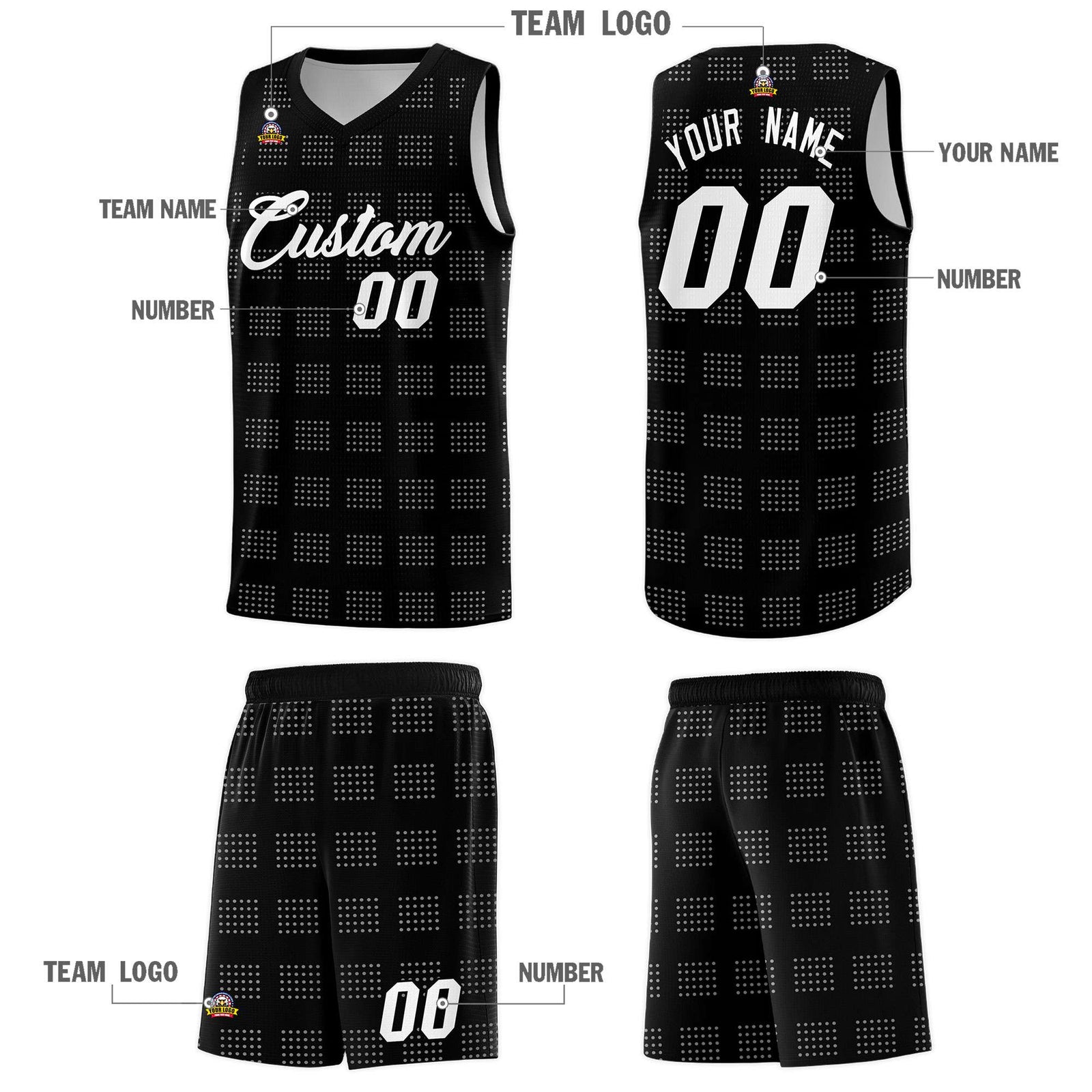 Custom Black White Trailblazer Dot Pattern Sports Uniform Basketball Jersey