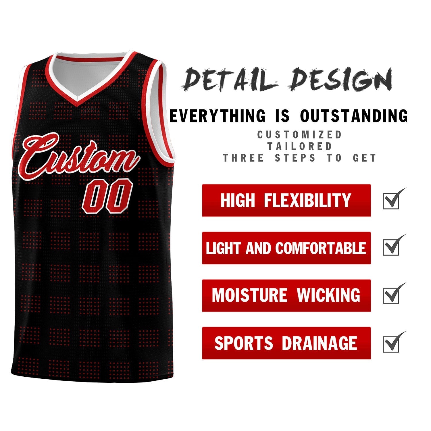 Custom Black Red Trailblazer Dot Pattern Sports Uniform Basketball Jersey