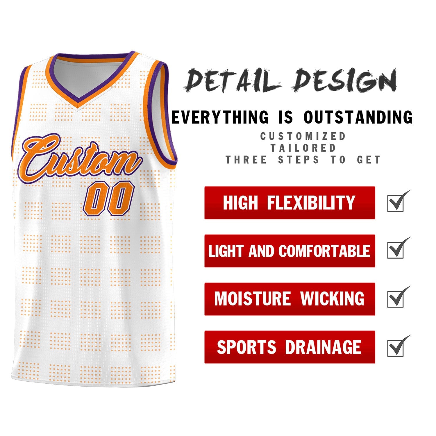 Custom White Orange Trailblazer Dot Pattern Sports Uniform Basketball Jersey
