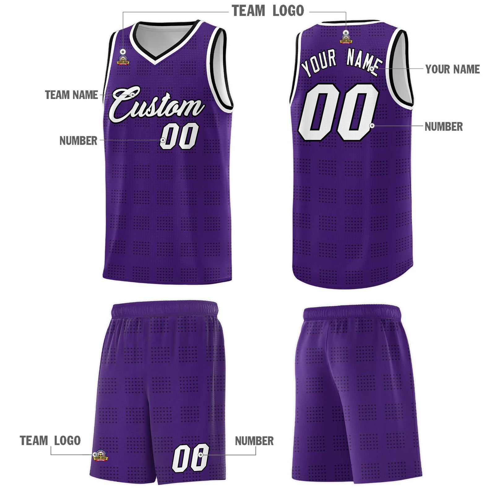 Custom Purple Black Trailblazer Dot Pattern Sports Uniform Basketball Jersey